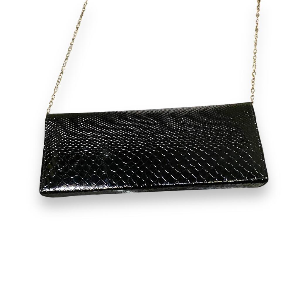VNTG 90s Patent Snake Embossed East West HandBag Purse Black Chain Strap Clutch - Picture 7 of 9